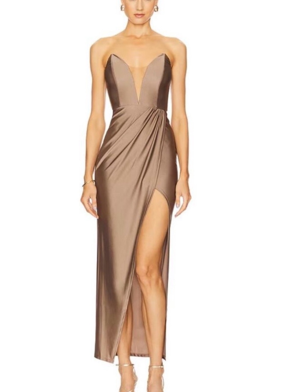 Strapless Taupe Satin Evening Gown with Plunge and High Slit
